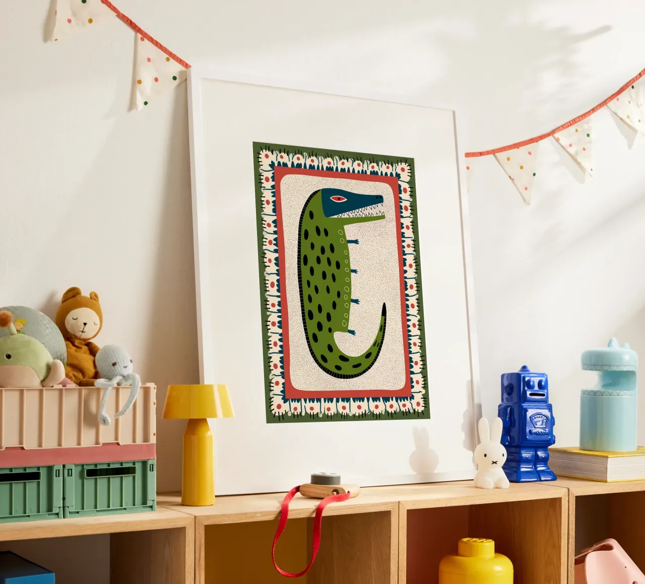 Coccodrillo Folk Art - Stampa stravagante di un rettile verde poster da vintagepod