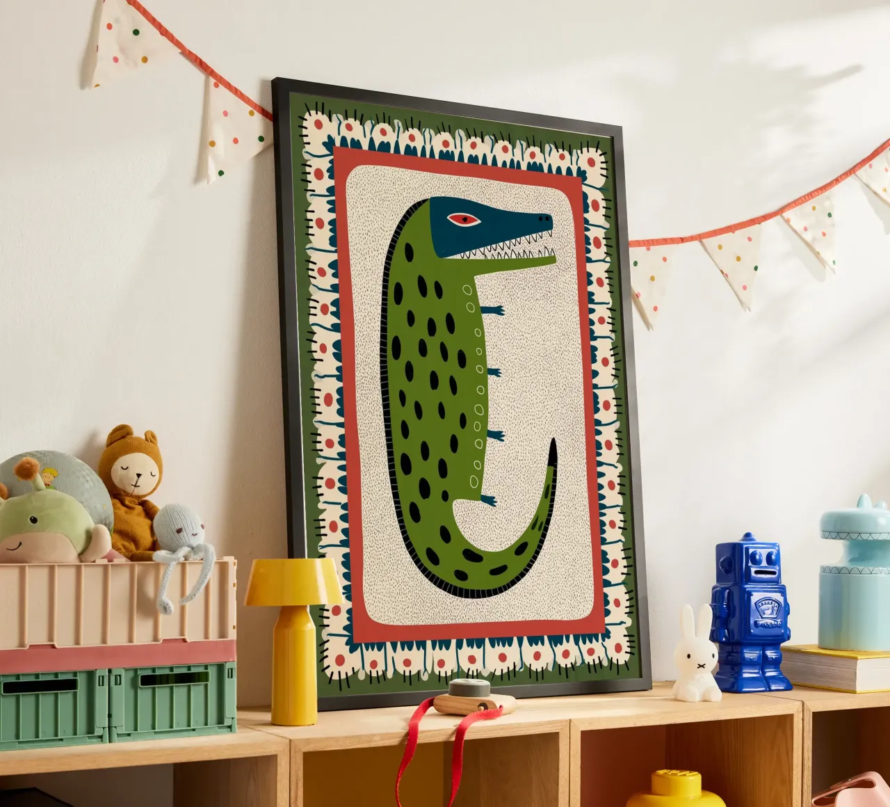 Folk Art Crocodile - Impression fantaisiste de reptile vert poster avec cadre en plastique de vintagepod