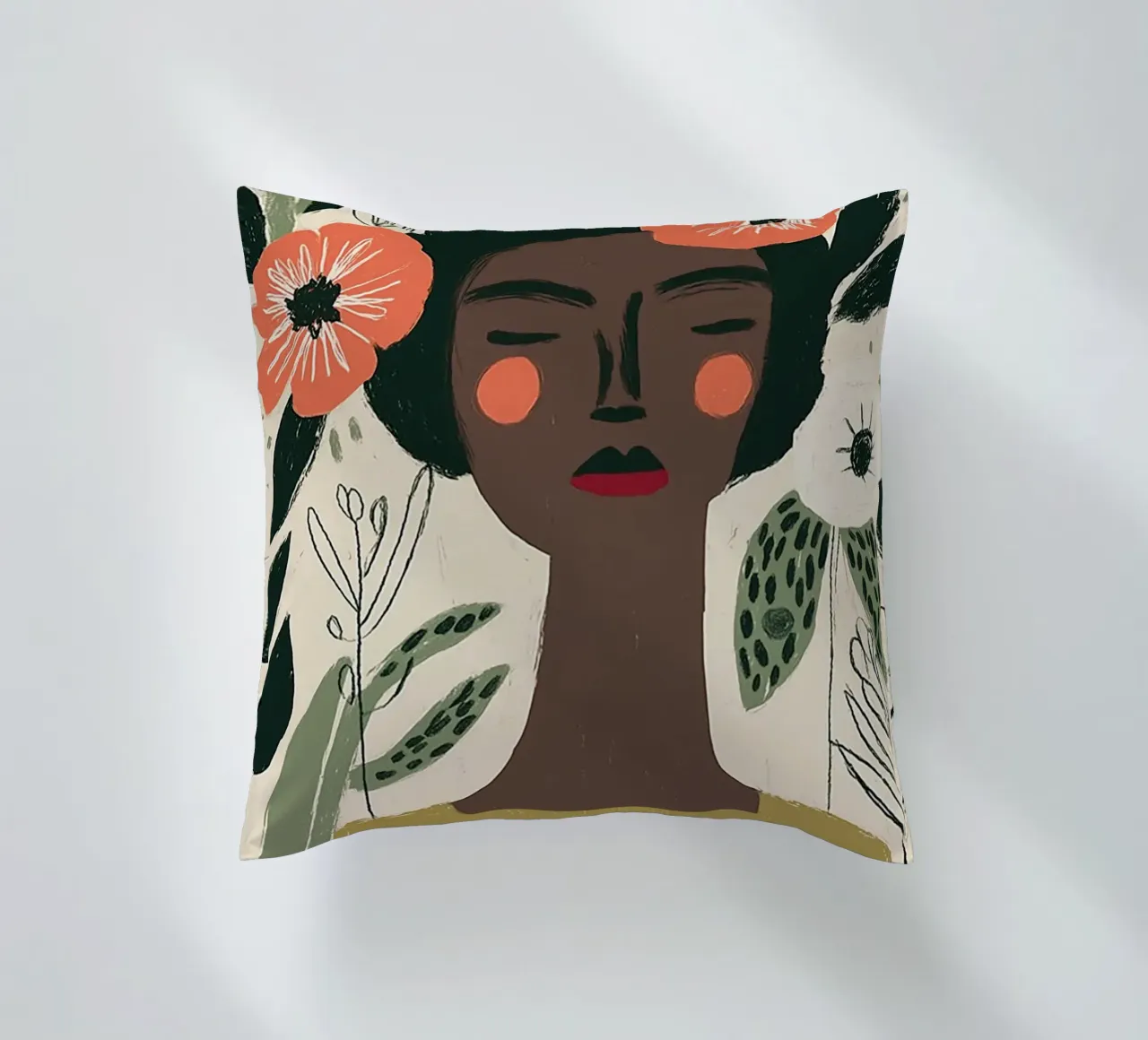 Ritratto floreale Boho - Donna serena e papaveri cuscino da vintagepod