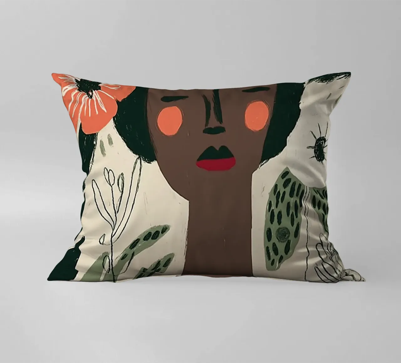 Ritratto floreale Boho - Donna serena e papaveri cuscino da vintagepod