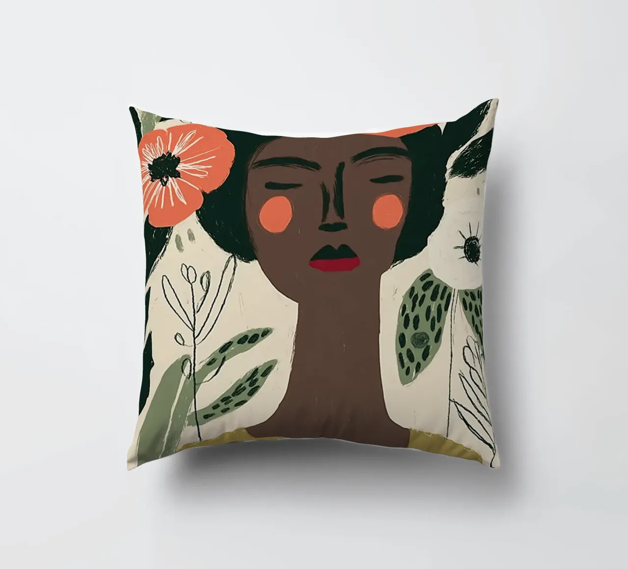 Ritratto floreale Boho - Donna serena e papaveri cuscino da vintagepod
