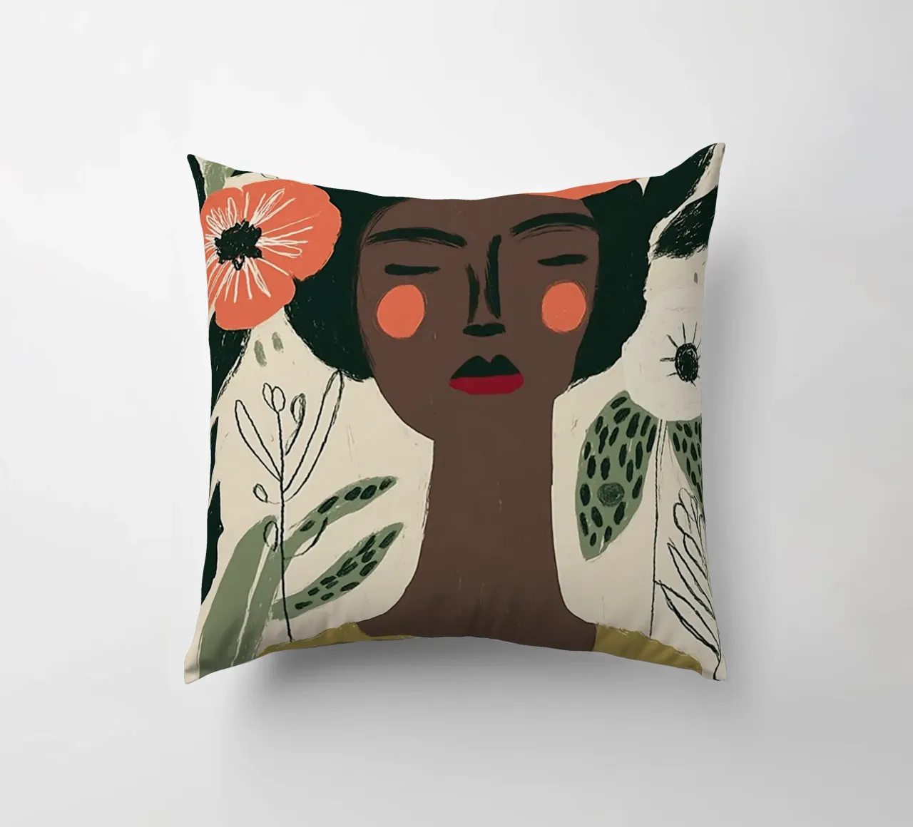 Ritratto floreale Boho - Donna serena e papaveri cuscino da vintagepod