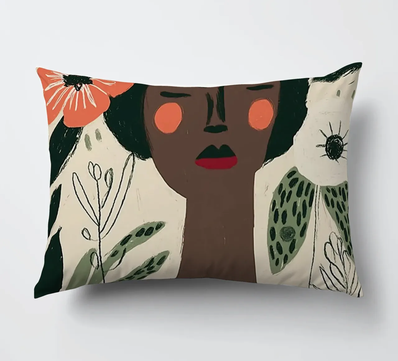 Ritratto floreale Boho - Donna serena e papaveri cuscino da vintagepod
