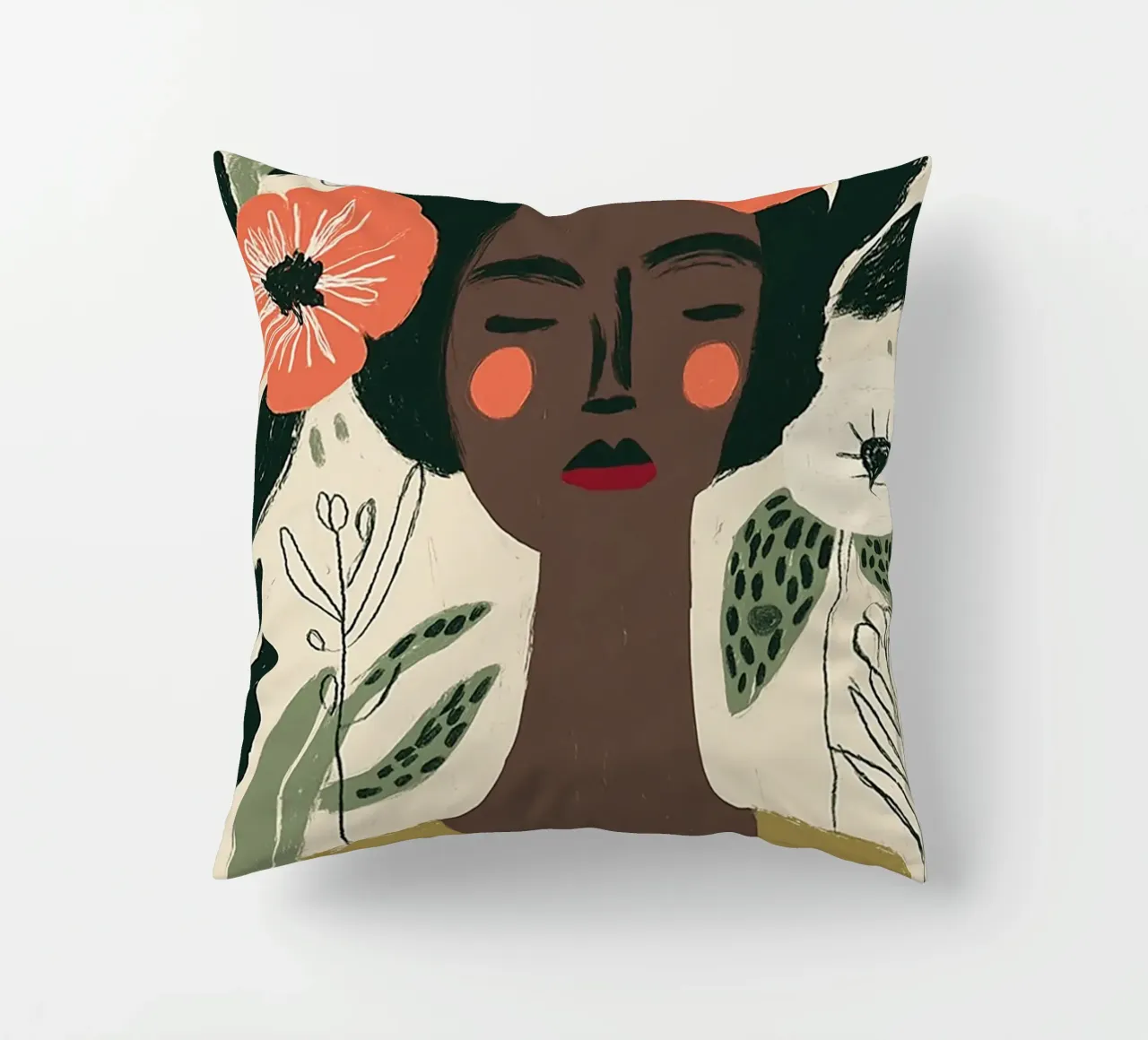 Ritratto floreale Boho - Donna serena e papaveri cuscino da vintagepod