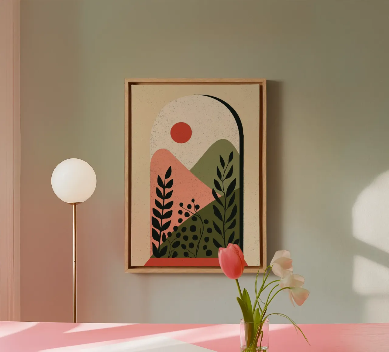 Abstract booglandschap - Boho woestijnlandschap canvas met Baklijst van vintagepod