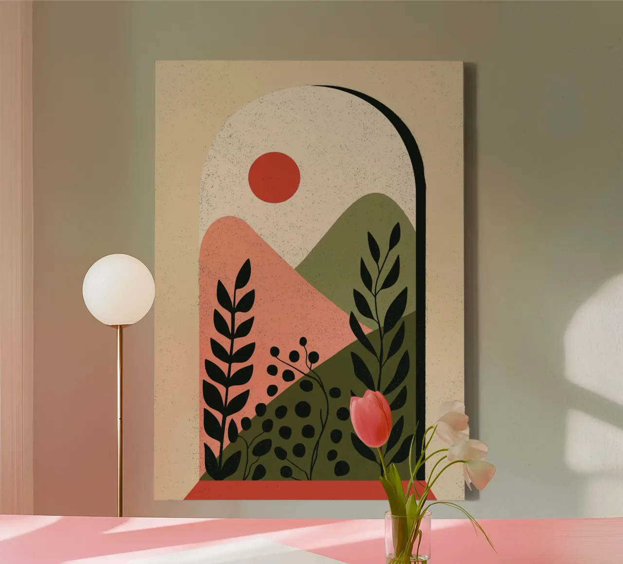 Abstract booglandschap - Boho woestijnlandschap canvas met Baklijst van vintagepod