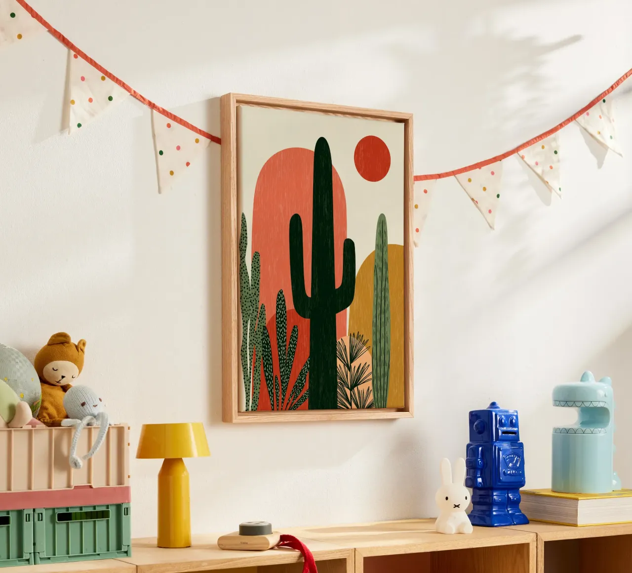 Abstract Woestijncactuslandschap - Boho Zonnekunst canvas met Baklijst van vintagepod
