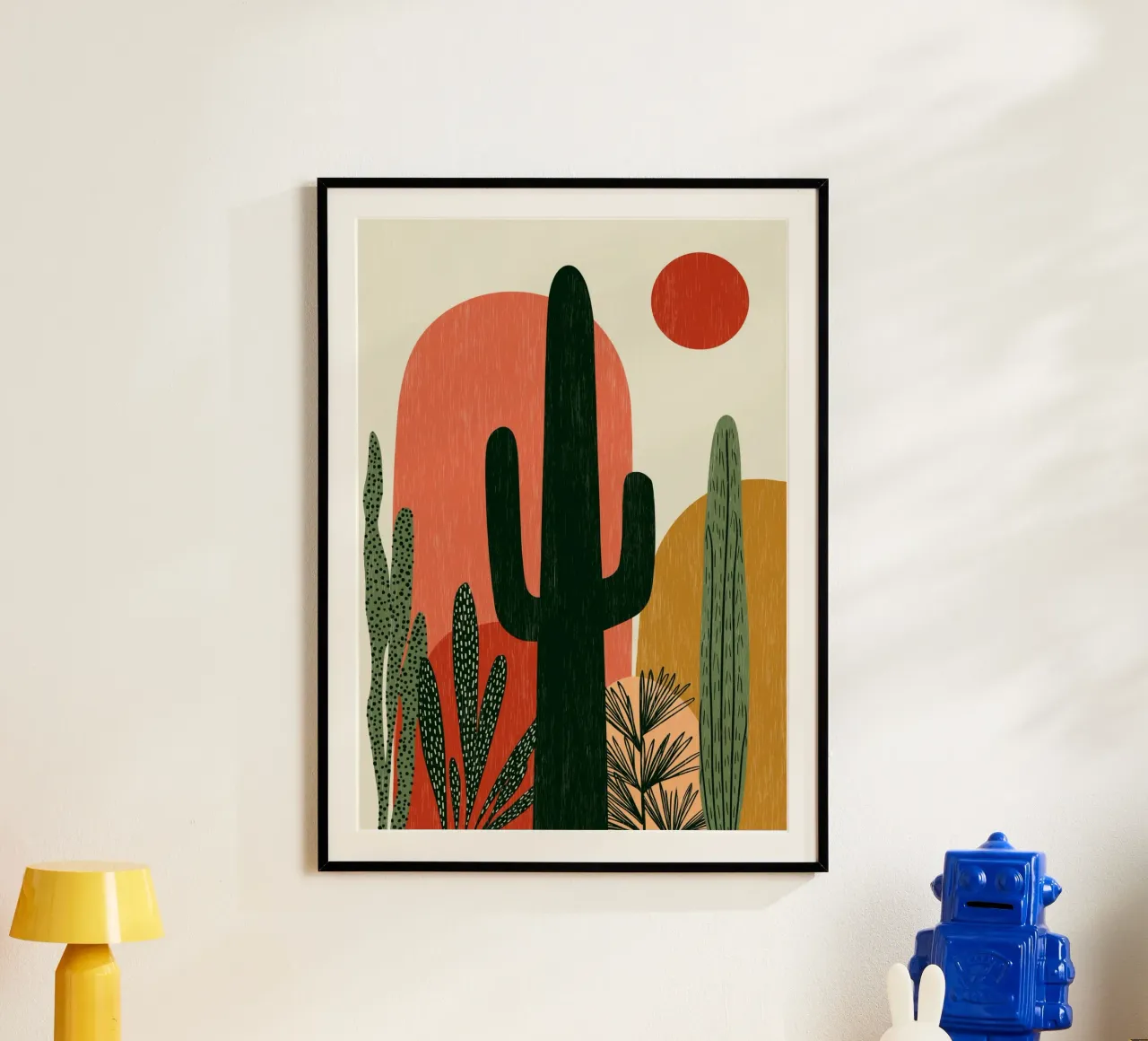 Abstract Woestijncactuslandschap - Boho Zonnekunst poster met houten frame van vintagepod