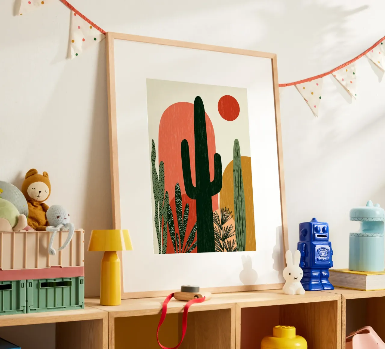 Abstract Woestijncactuslandschap - Boho Zonnekunst poster met houten frame van vintagepod
