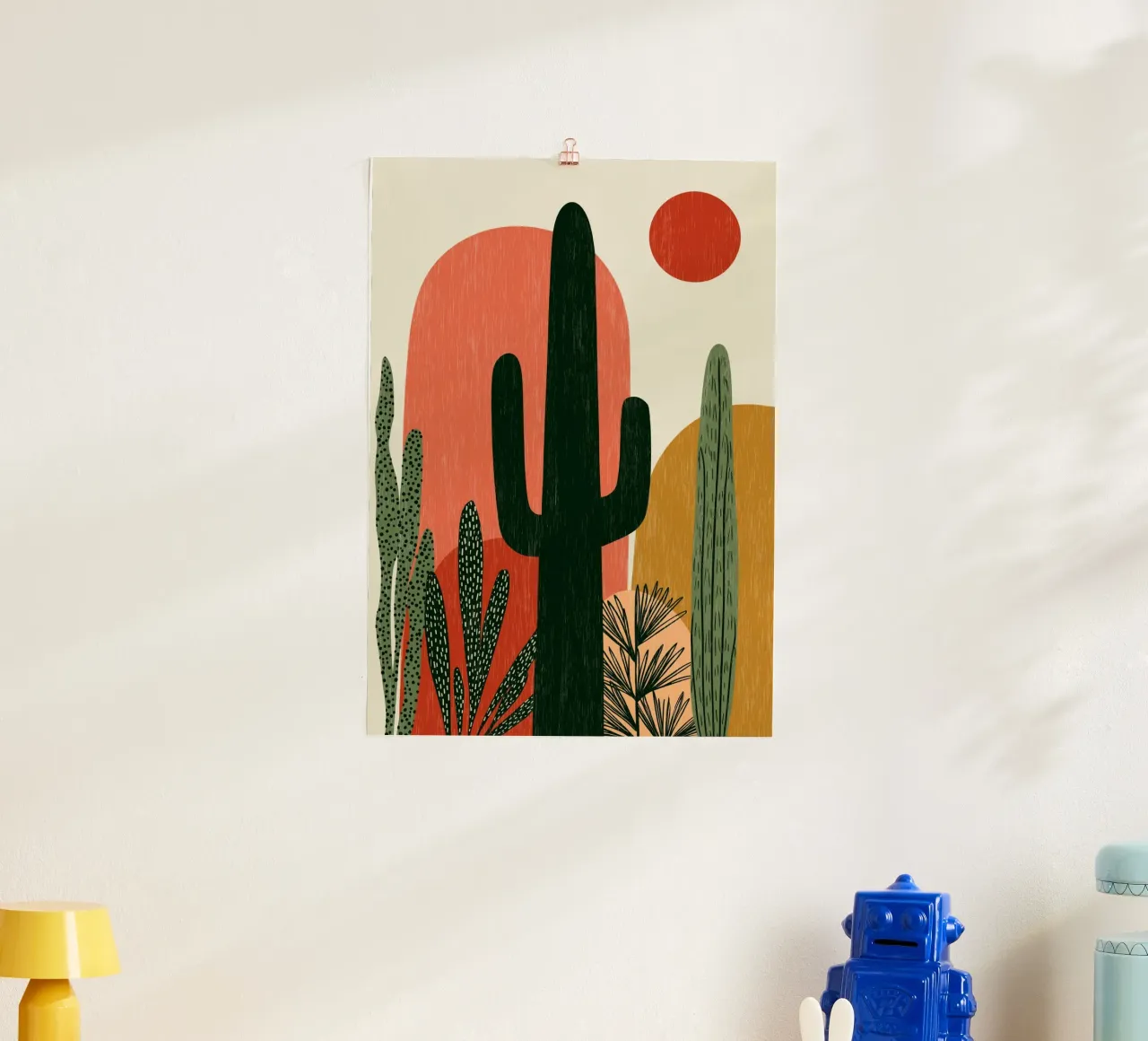 Abstract Woestijncactuslandschap - Boho Zonnekunst poster met houten frame van vintagepod