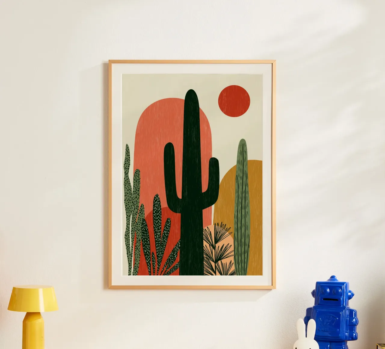 Abstract Woestijncactuslandschap - Boho Zonnekunst poster met houten frame van vintagepod