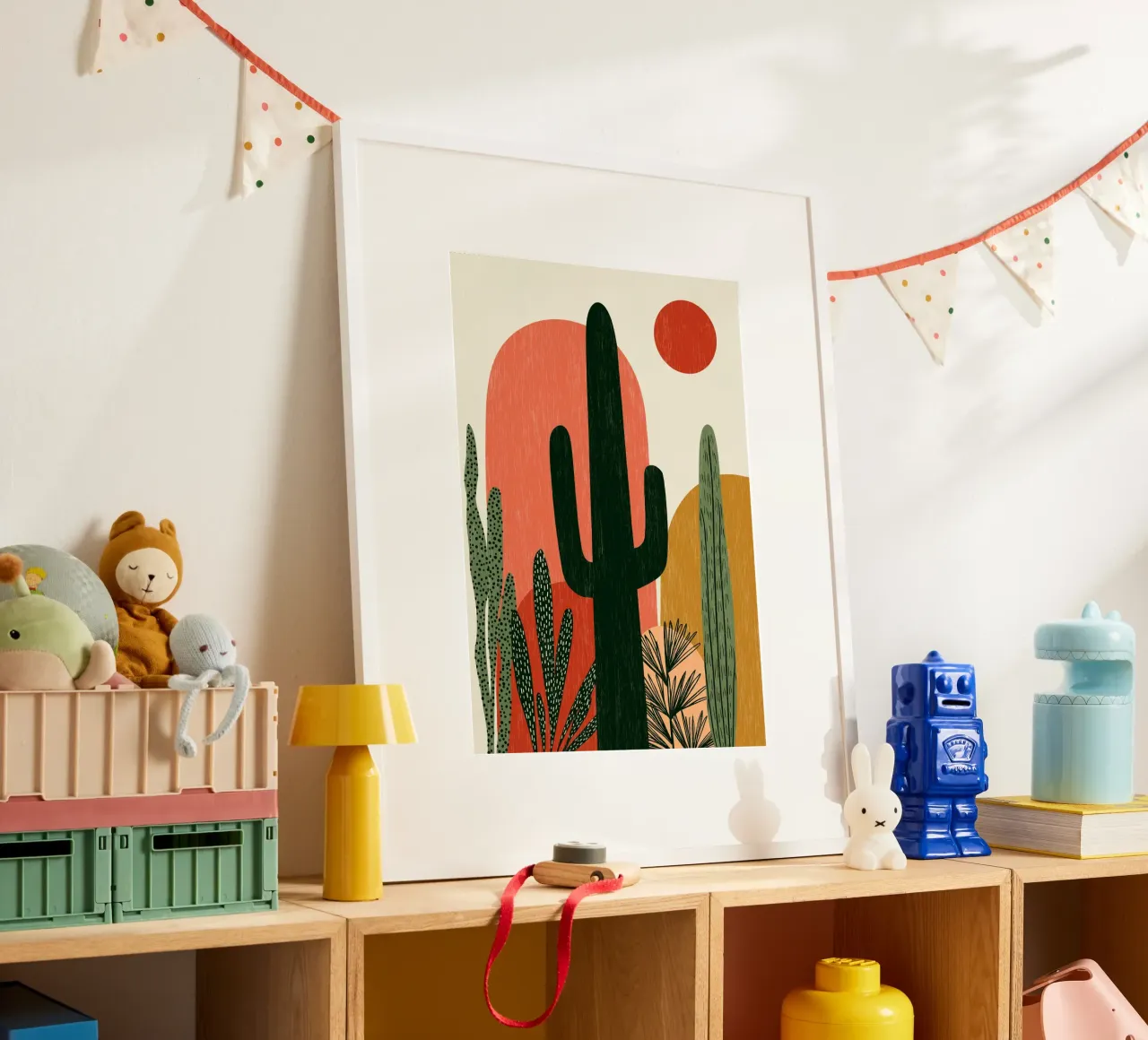 Abstract Woestijncactuslandschap - Boho Zonnekunst poster met houten frame van vintagepod