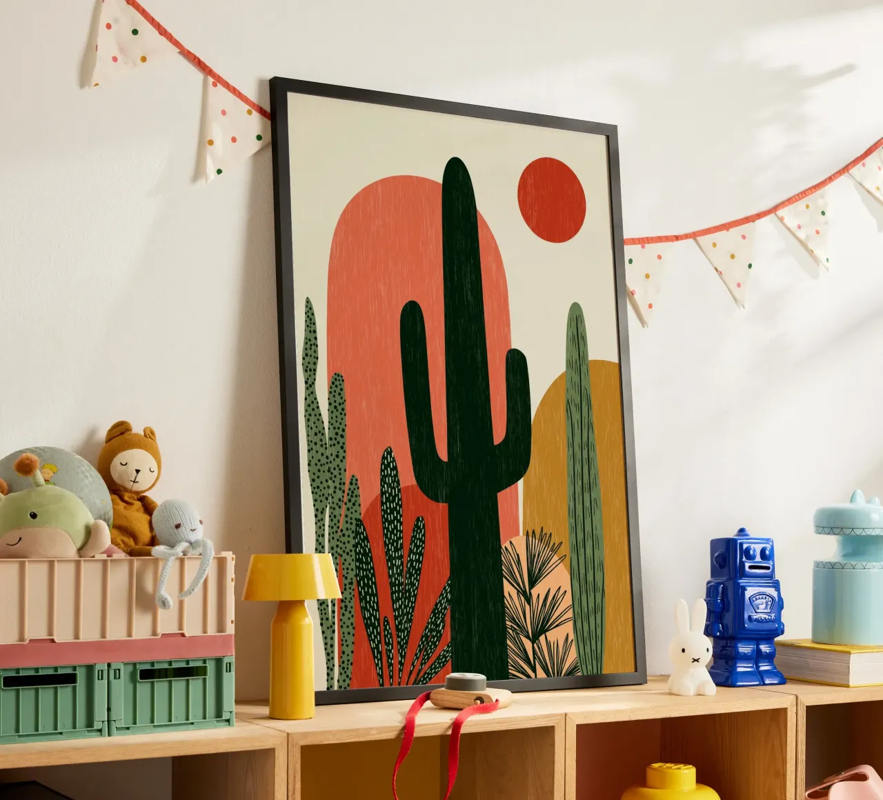 Abstract Woestijncactuslandschap - Boho Zonnekunst poster met houten frame van vintagepod