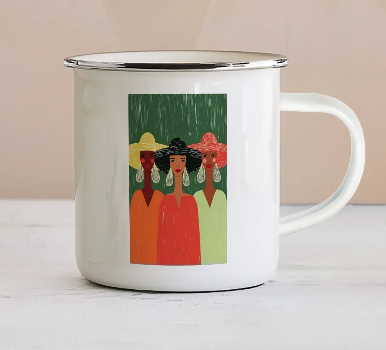 Tre donne alla moda - Cappelli audaci e Boho Chic tazza in smalto da vintagepod