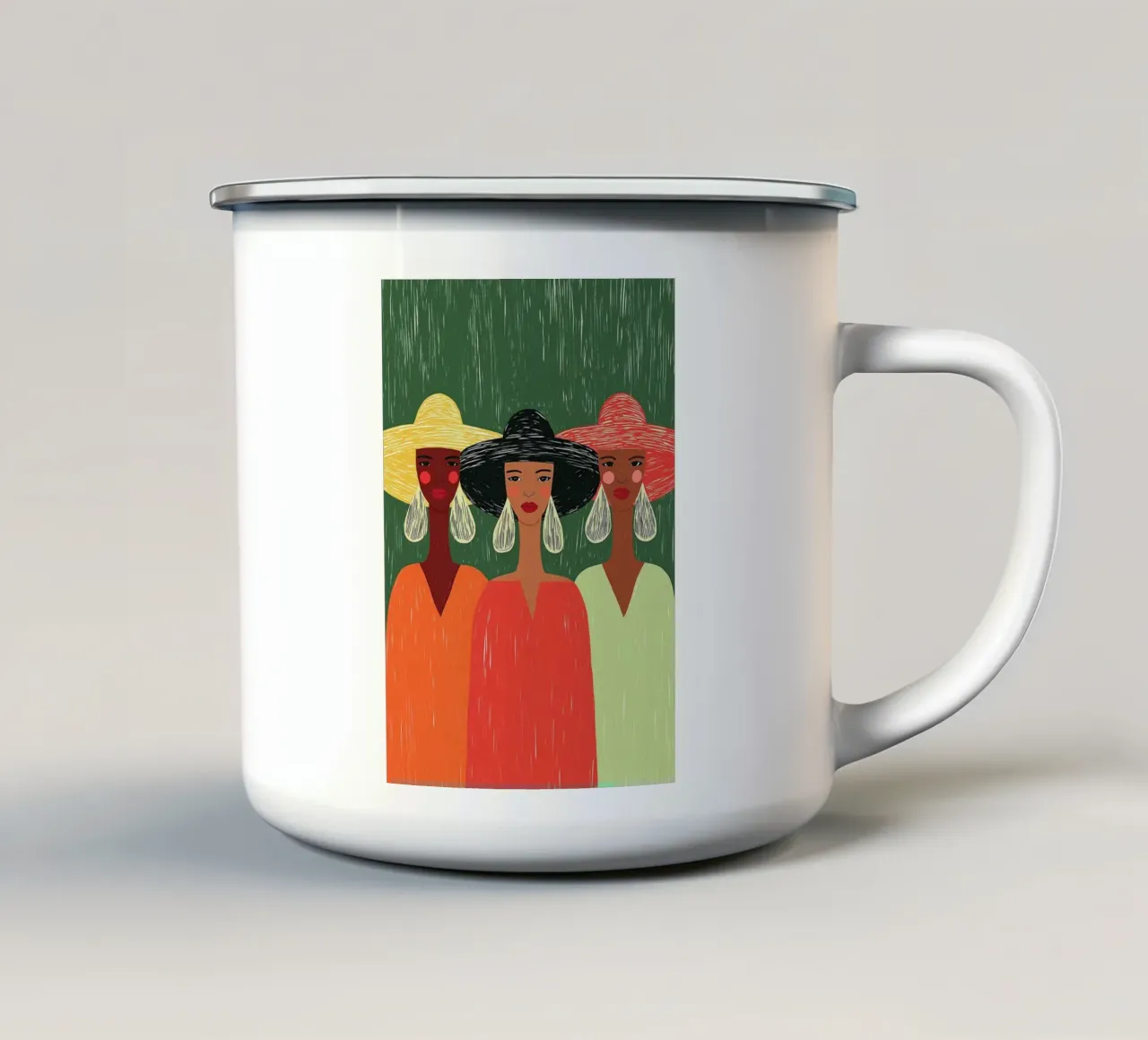 Tre donne alla moda - Cappelli audaci e Boho Chic tazza in smalto da vintagepod