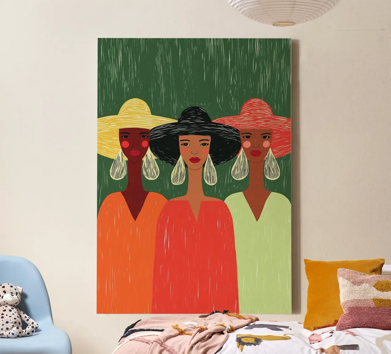 Tre donne alla moda - Cappelli audaci e Boho Chic tela con Cornice a cassetta da vintagepod
