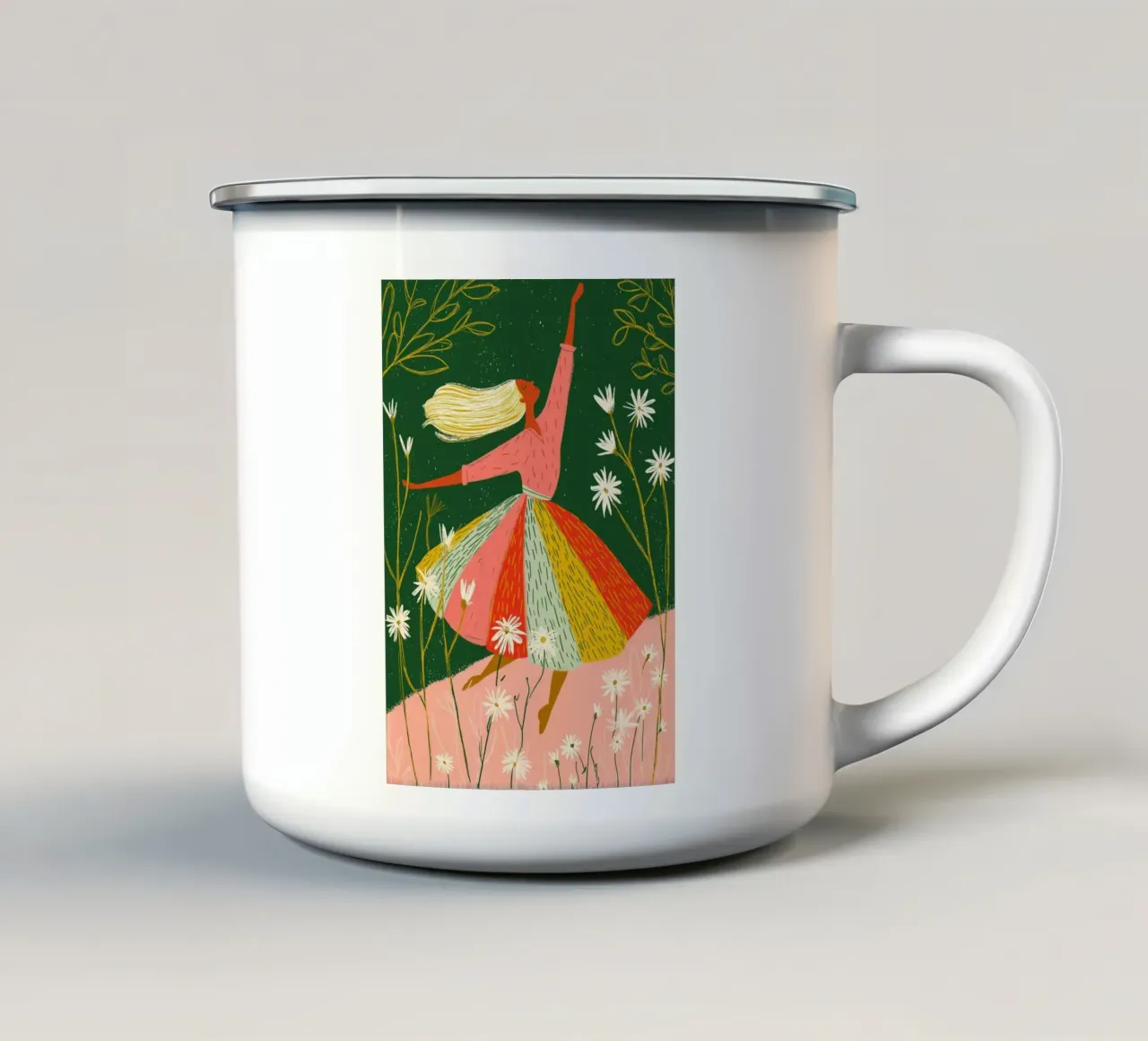 Vrolijke dansende vrouw - Bloemen Folk Art Print emaille mok van vintagepod