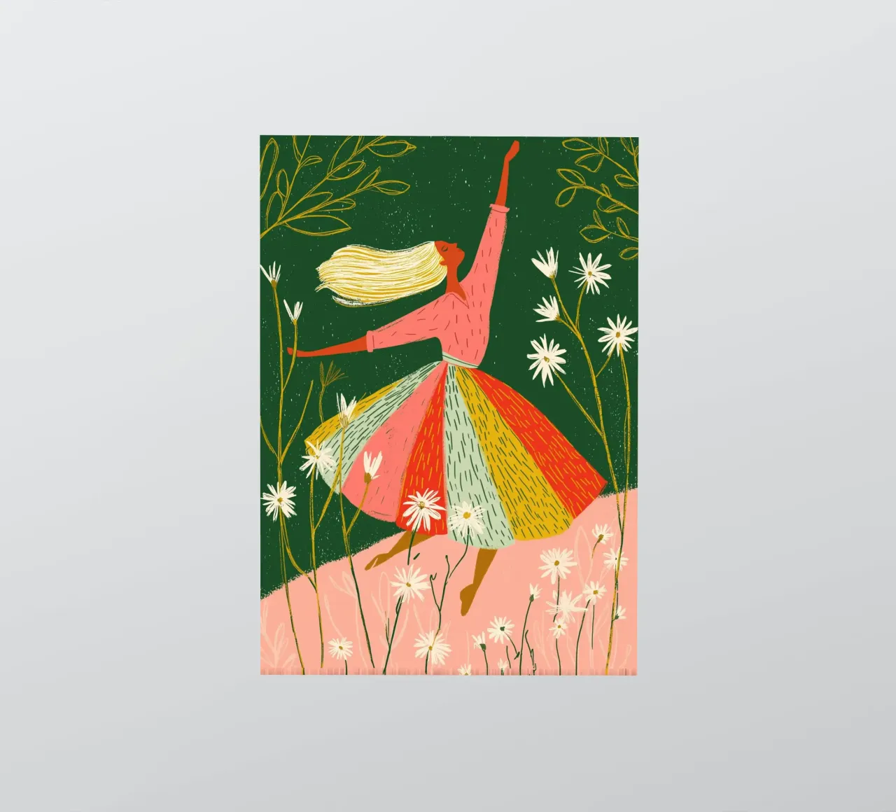 Vrolijke dansende vrouw - Bloemen Folk Art Print sticker van vintagepod