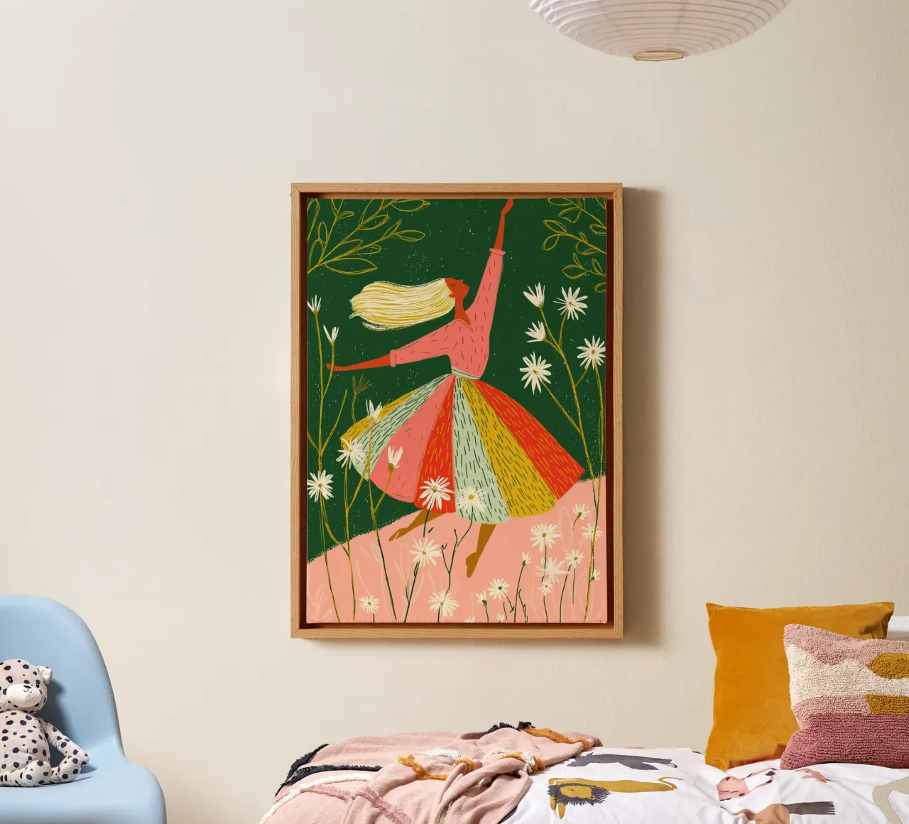 Vrolijke dansende vrouw - Bloemen Folk Art Print canvas met Baklijst van vintagepod
