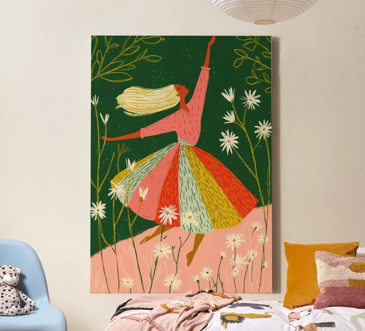 Vrolijke dansende vrouw - Bloemen Folk Art Print canvas met Baklijst van vintagepod