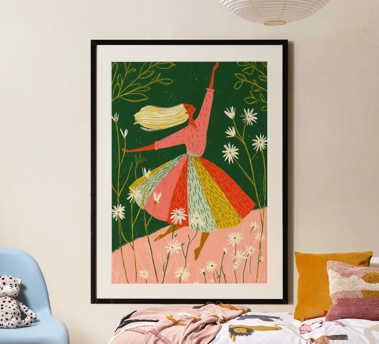 Femme dansant joyeusement - Imprimé d'art populaire floral poster de vintagepod