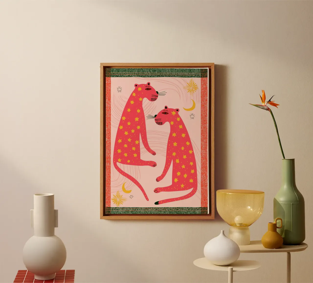 Folk Art Star Leopards - Bohemian Celestial Print canvas with Floater frame by vintagepod
