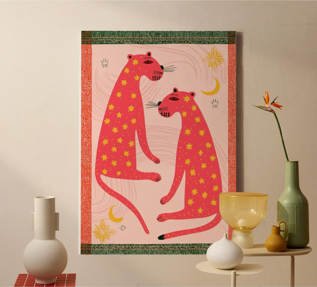 Folk Art Star Leopards - Bohemian Celestial Print canvas with Floater frame by vintagepod