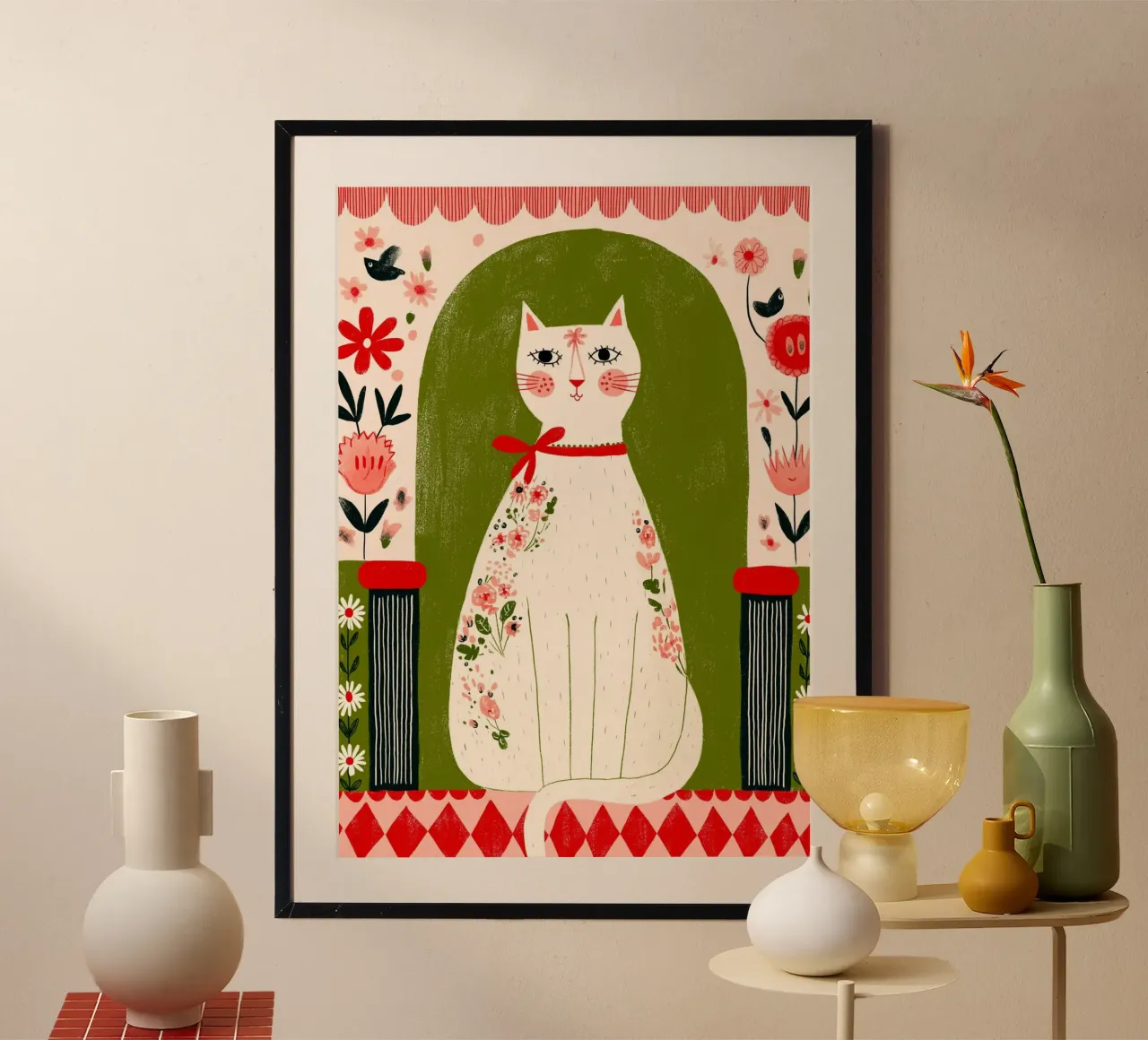 Gatto floreale d'arte popolare - Ritratto di animale domestico estroso e bohémien poster con telaio in legno da vintagepod