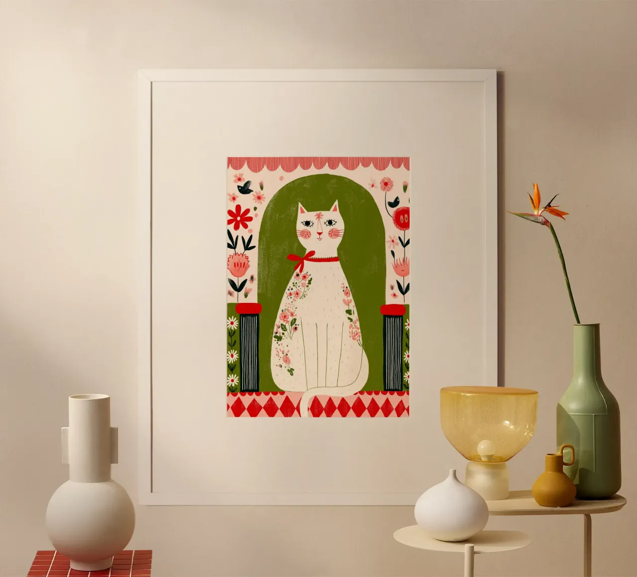 Gatto floreale d'arte popolare - Ritratto di animale domestico estroso e bohémien poster con telaio in legno da vintagepod