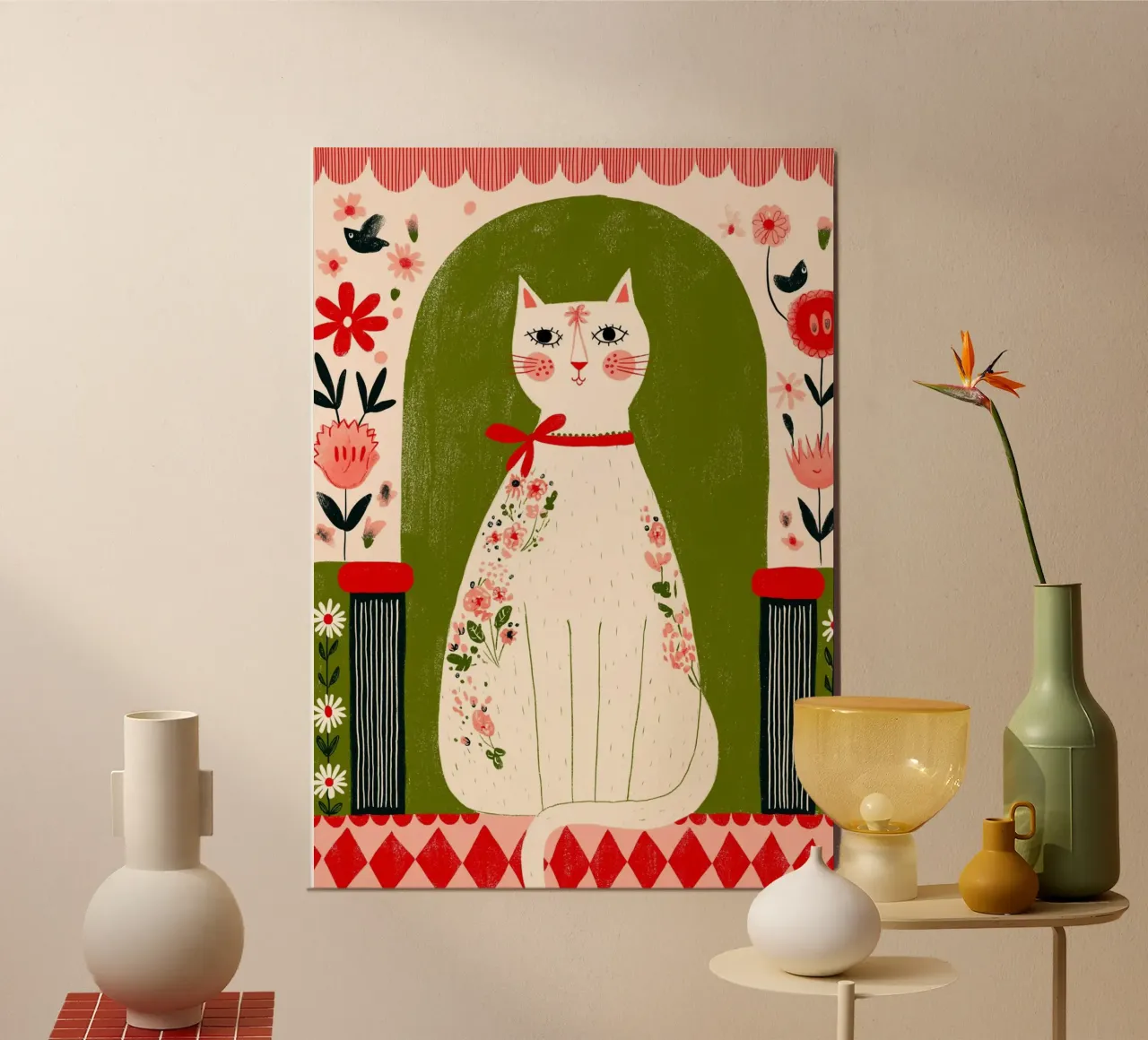 Gatto floreale d'arte popolare - Ritratto di animale domestico estroso e bohémien poster con telaio in legno da vintagepod