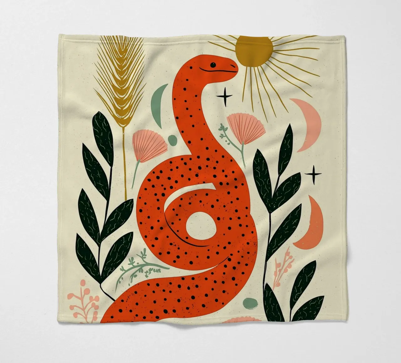 Boho Snake & Sun - Mystical Desert Botanical Art fleece blanket by vintagepod