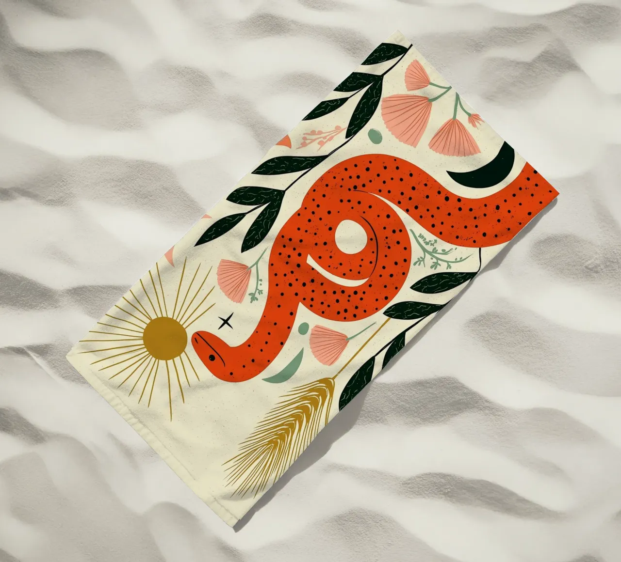 Boho Snake & Sun - Mystical Desert Botanical Art beach towel by vintagepod