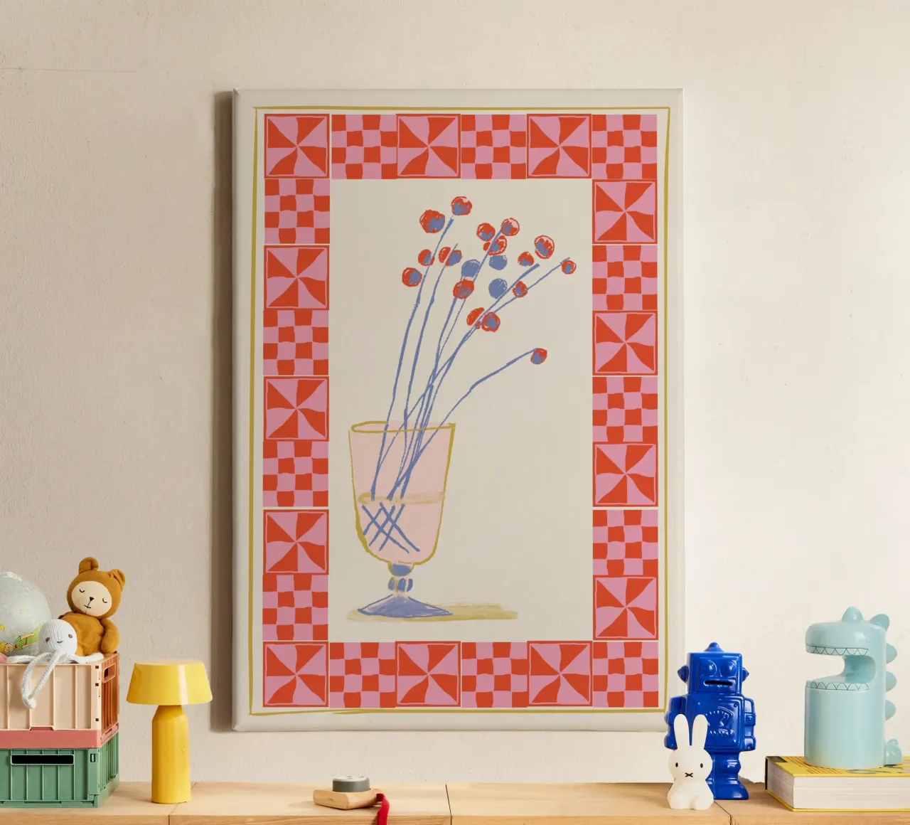 Folk Art Bloemenbeker - Roze & Rood Ingelijst Print canvas met Baklijst van vintagepod