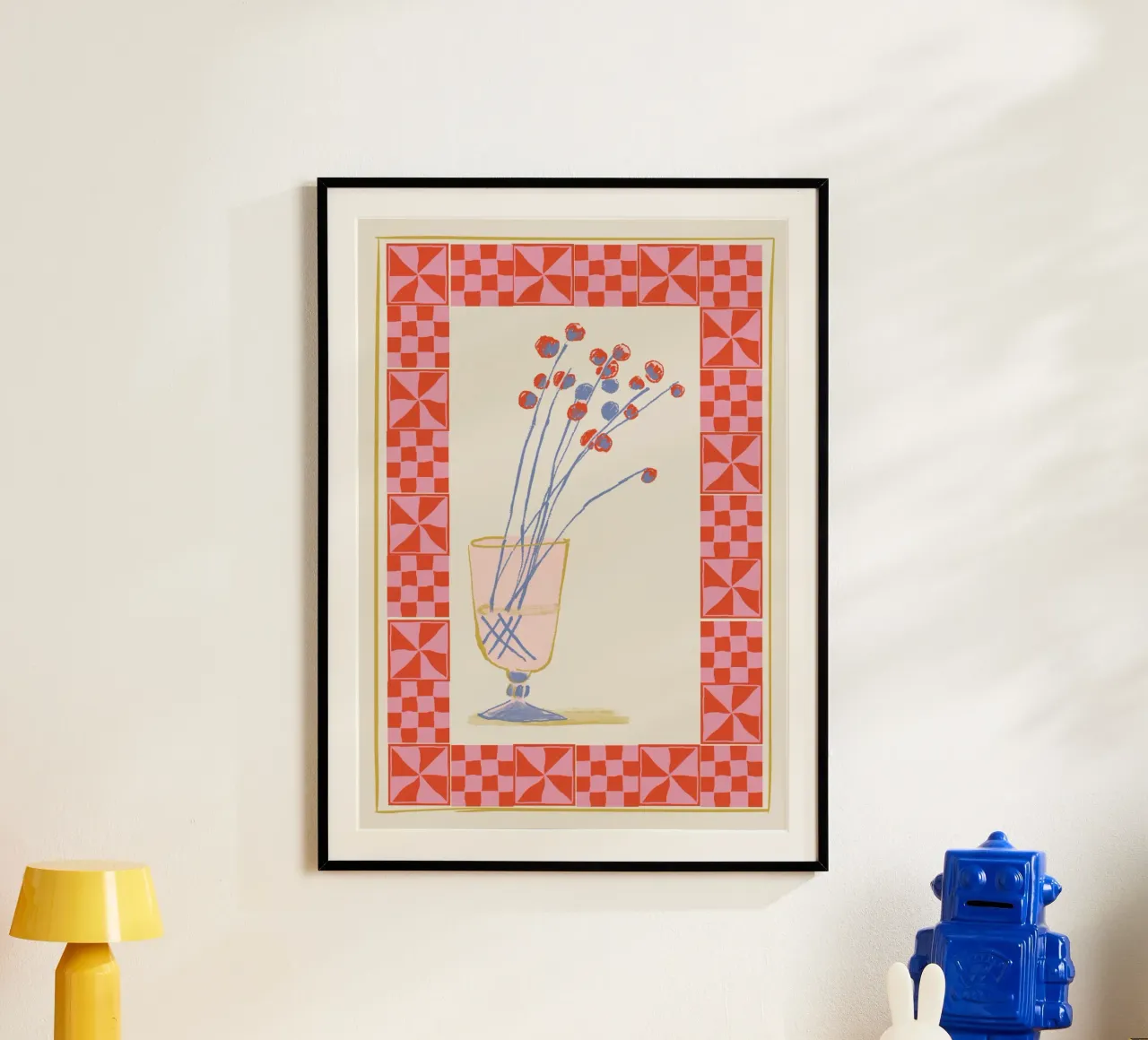 Calice floreale Folk Art - Stampa con cornice rosa e rossa poster con telaio in plastica da vintagepod