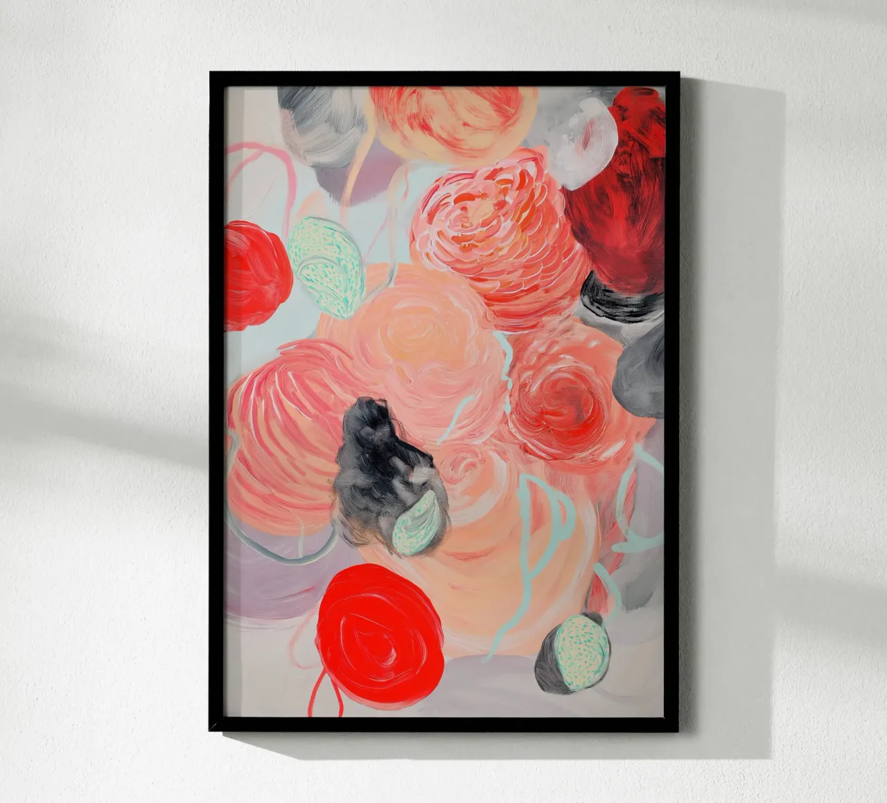Fioritura floreale astratta - Espressivi vortici rosa e verdi poster con telaio in plastica da vintagepod