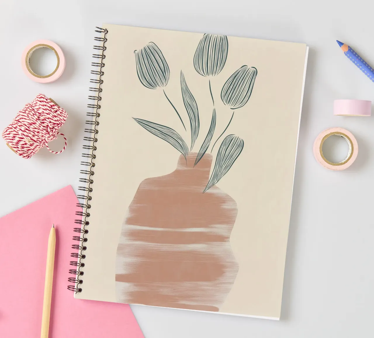 Vase minimaliste en terre cuite - Tulipes abstraites Impression d'art carnet à spirale de vintagepod