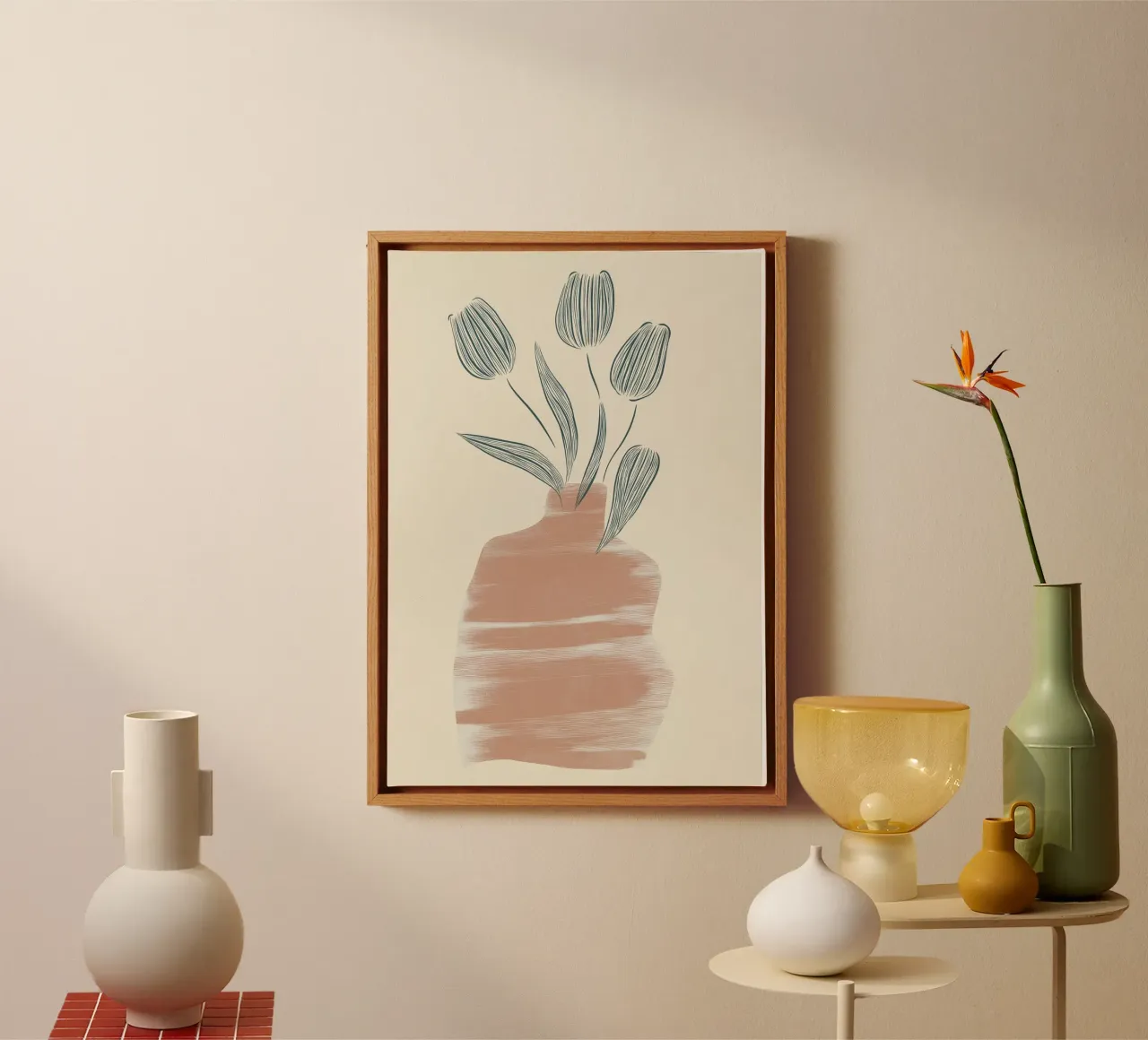 Minimalist Terracotta Vase - Abstract Tulips Art Print canvas with Floater frame by vintagepod