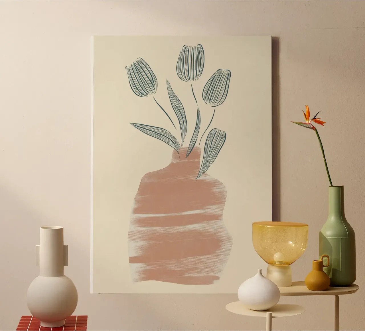 Minimalist Terracotta Vase - Abstract Tulips Art Print canvas with Floater frame by vintagepod