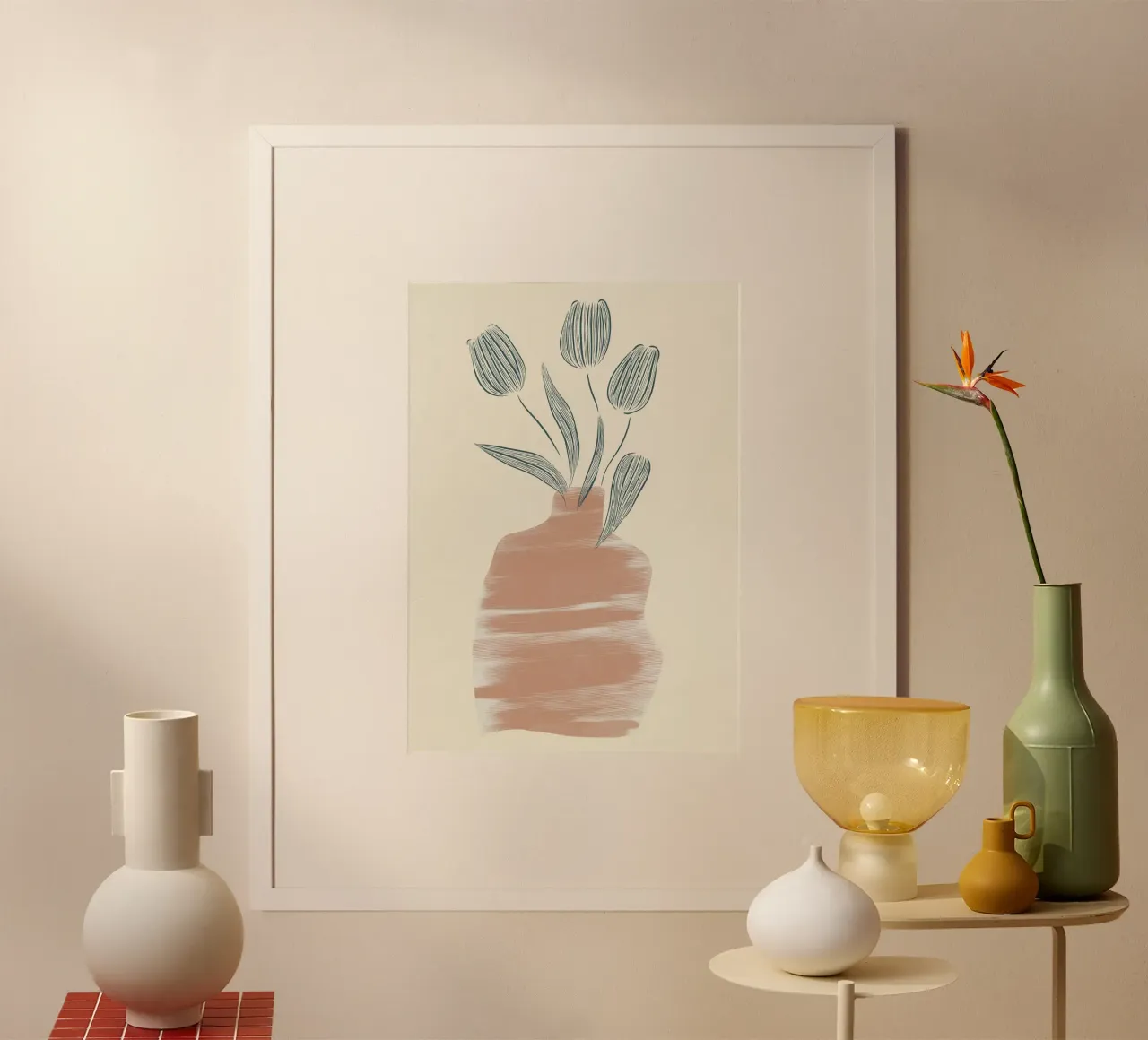 Minimalist Terracotta Vase - Abstract Tulips Art Print poster with wooden frame by vintagepod