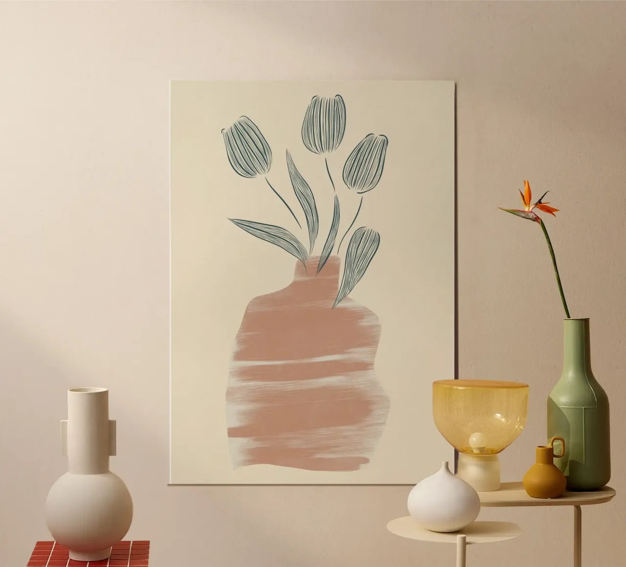 Minimalist Terracotta Vase - Abstract Tulips Art Print poster with wooden frame by vintagepod