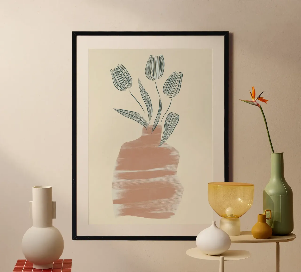 Minimalist Terracotta Vase - Abstract Tulips Art Print poster with wooden frame by vintagepod