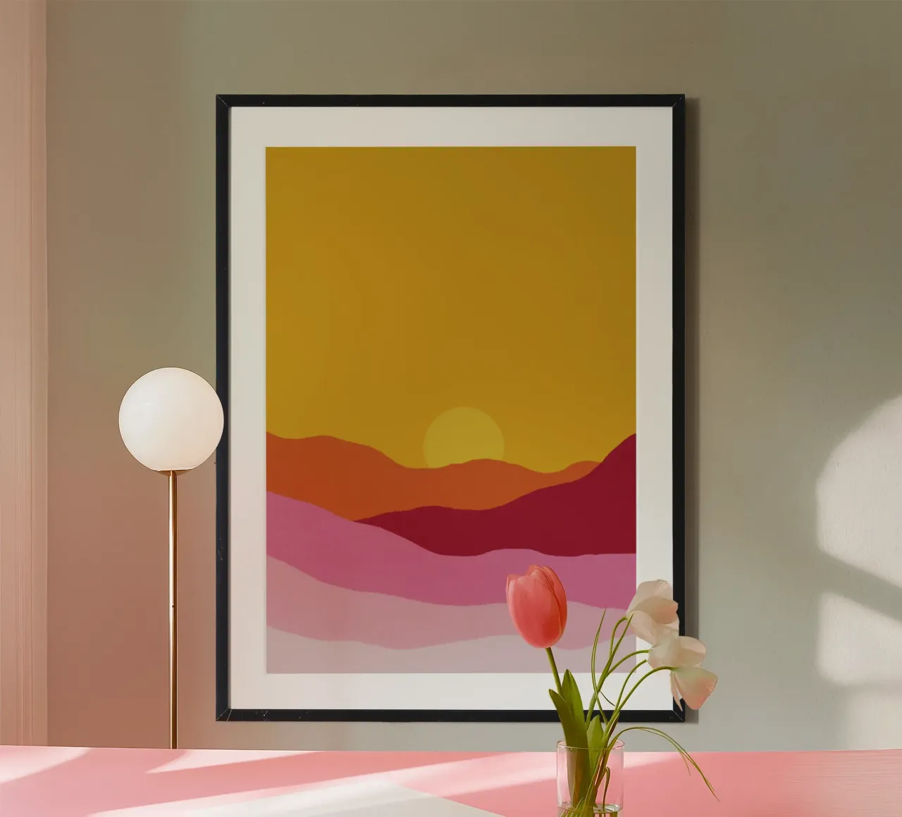 Coucher de soleil abstrait dans le désert - Tons chauds et terreux poster avec cadre en plastique de vintagepod