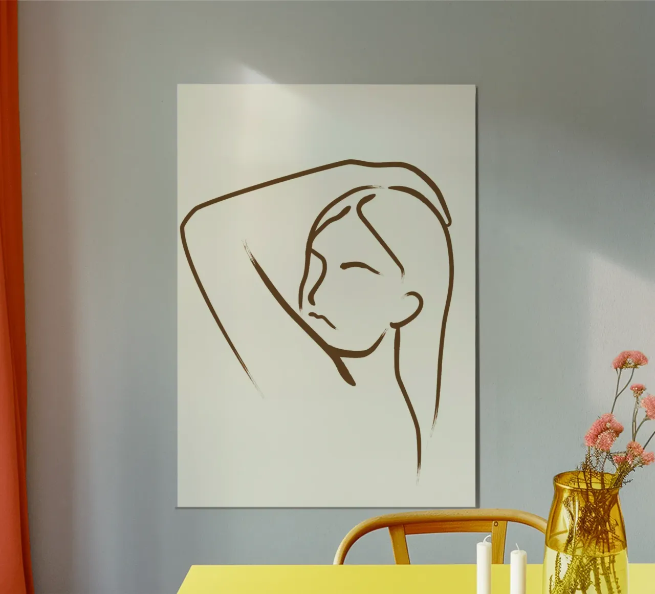 Femme sereine dessin au trait - Contemplation minimaliste poster avec cadre en bois de vintagepod