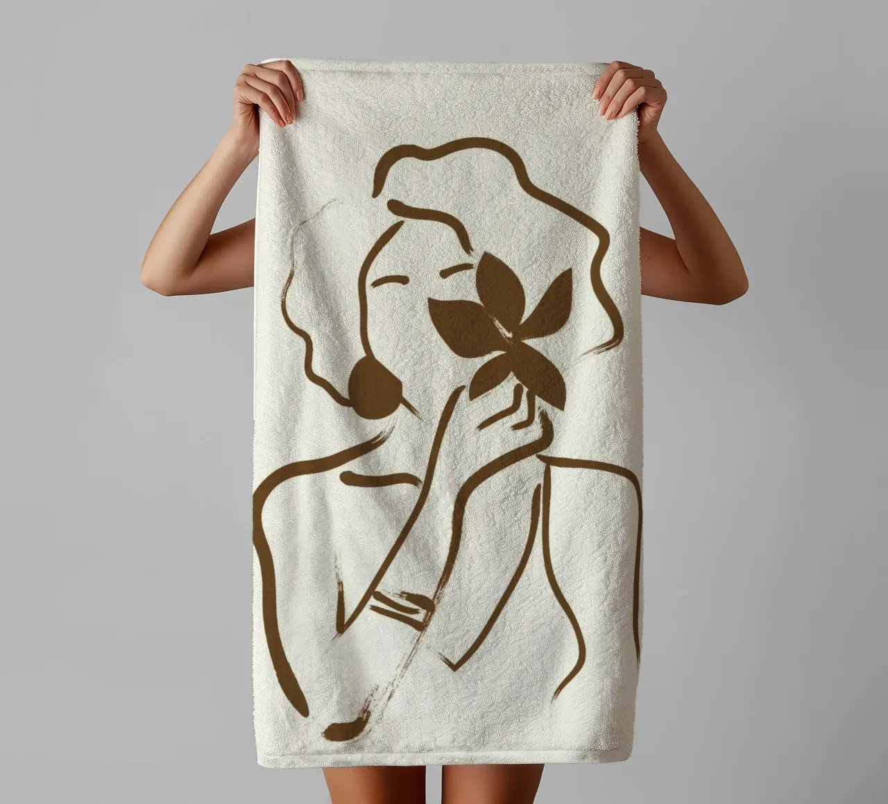 Donna e foglia bohémien - Ritratto minimalista in linea d'arte asciugamano da bagno da vintagepod