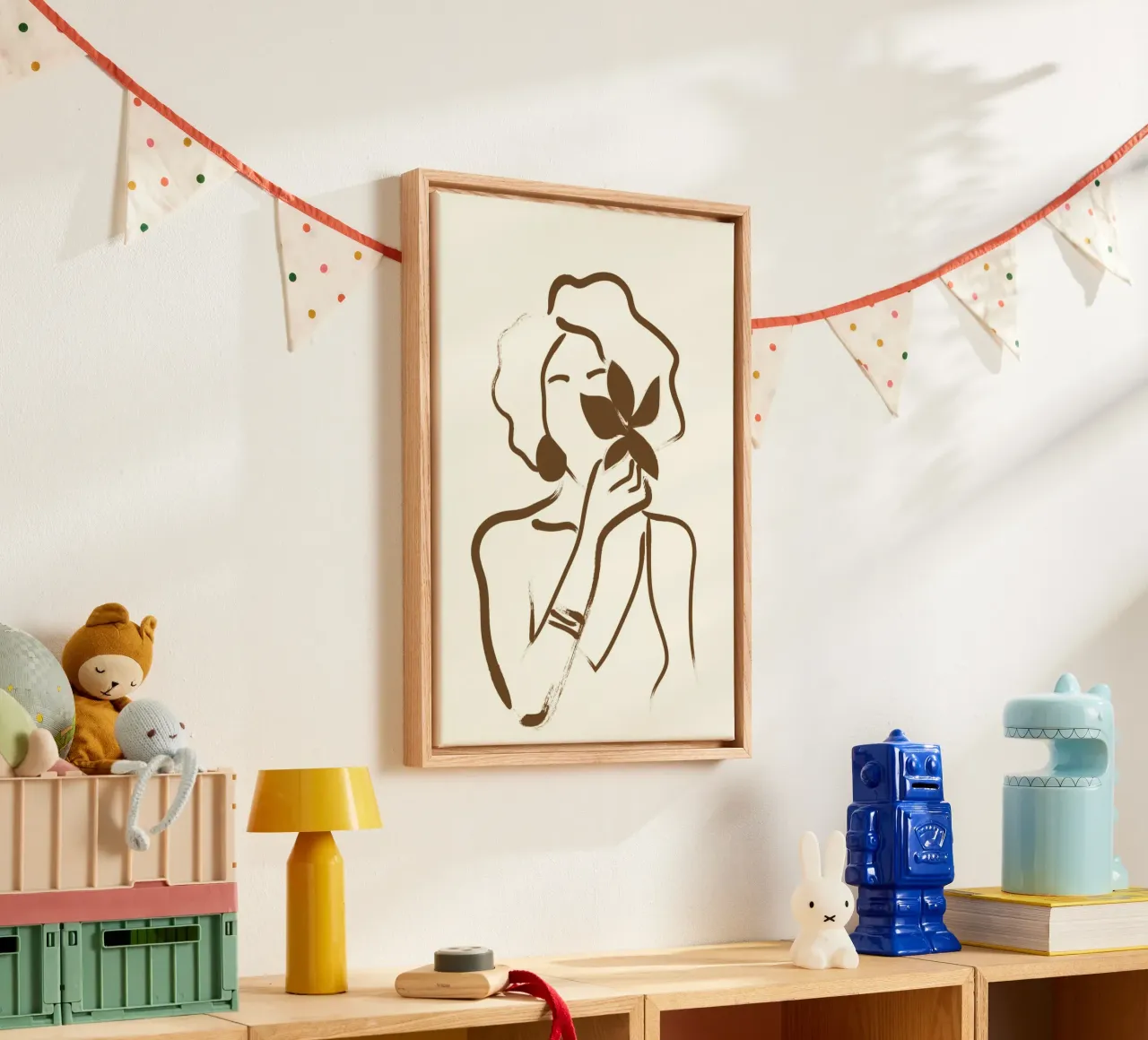 Boho Vrouw & Blad - Minimalistisch lijnkunstportret canvas met Baklijst van vintagepod