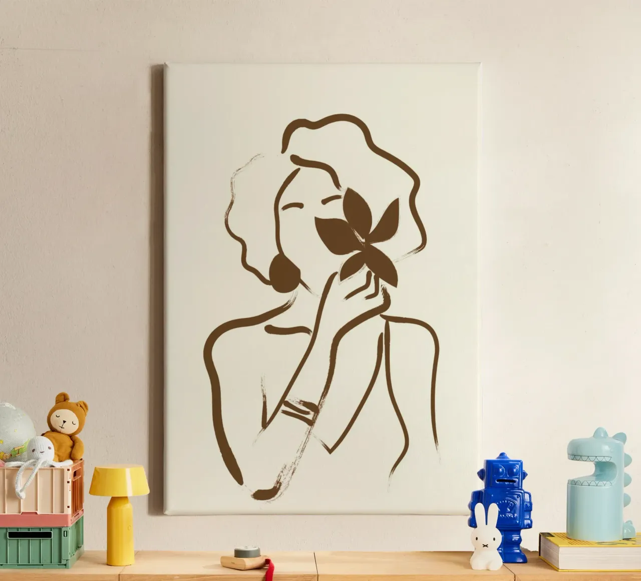 Boho Vrouw & Blad - Minimalistisch lijnkunstportret canvas met Baklijst van vintagepod