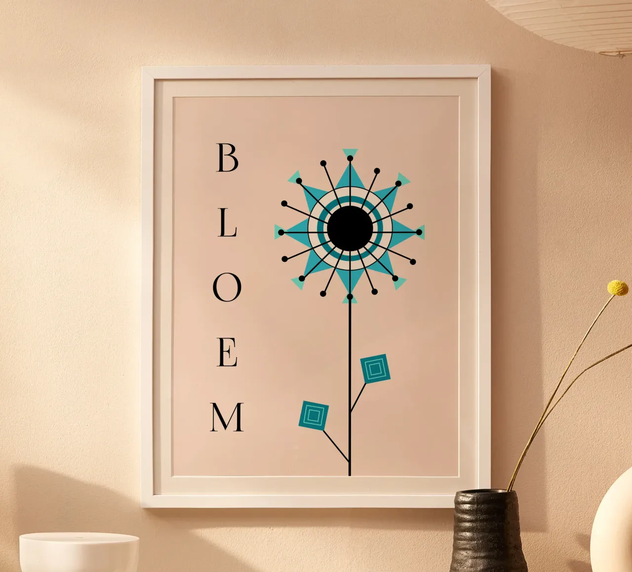 Bloem - Stilisierte Blume, geometrische türkis 70er Jahre poster with aluminum frame by Lilou Art