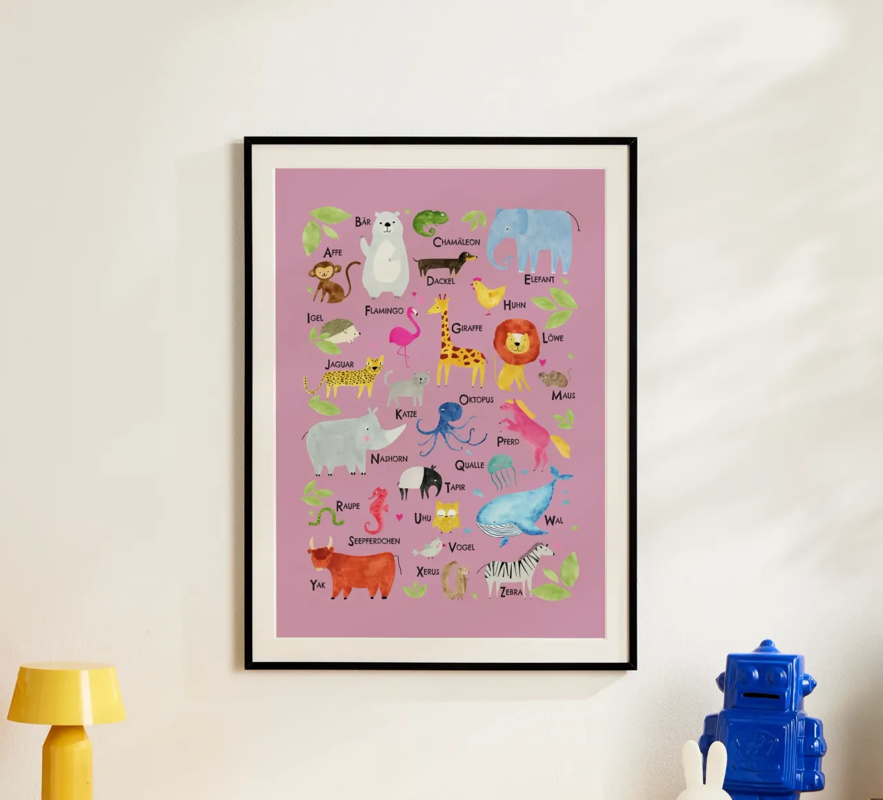 ABC Tiere, altrosa poster with aluminum frame by Fraysein Design