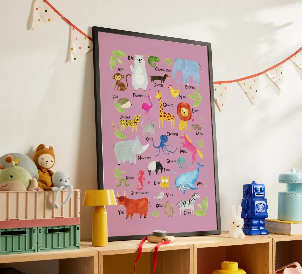 ABC Tiere, altrosa poster with aluminum frame by Fraysein Design