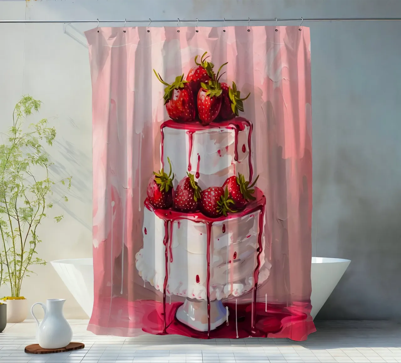 Illustrazione artistica di torta pop con gocciolamento di fragole tenda da doccia da homdeco